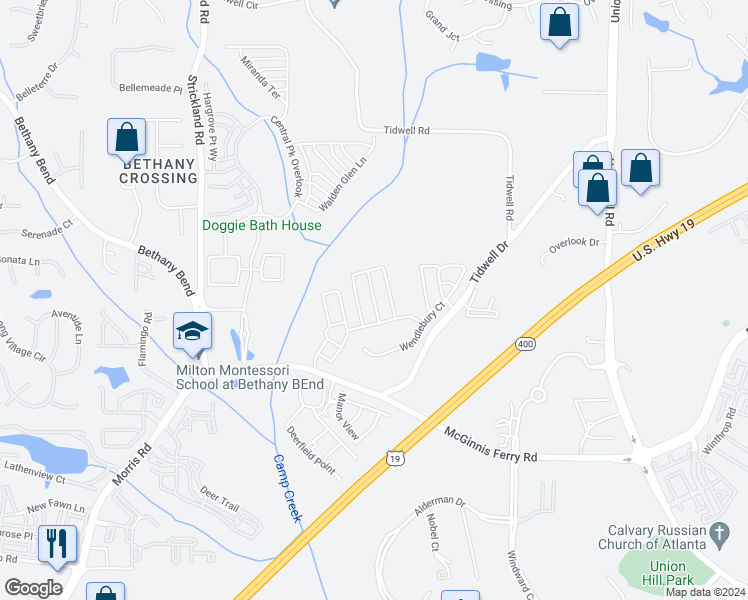 map of restaurants, bars, coffee shops, grocery stores, and more near Annazanes Court in Alpharetta