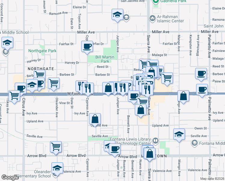 map of restaurants, bars, coffee shops, grocery stores, and more near 16666 Foothill Boulevard in Fontana