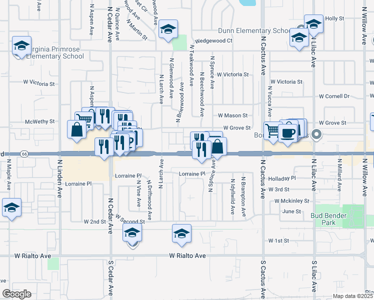map of restaurants, bars, coffee shops, grocery stores, and more near 981 West Clover Avenue in Rialto