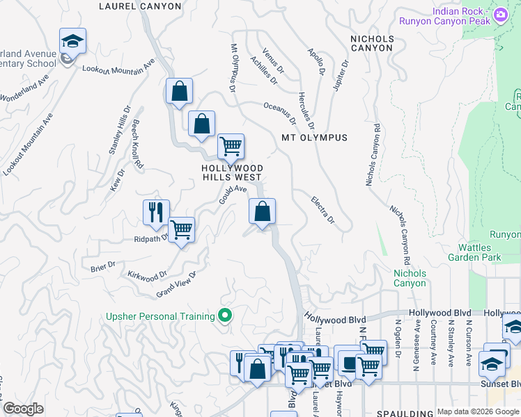 map of restaurants, bars, coffee shops, grocery stores, and more near 1951 Laurel Canyon Boulevard in Los Angeles