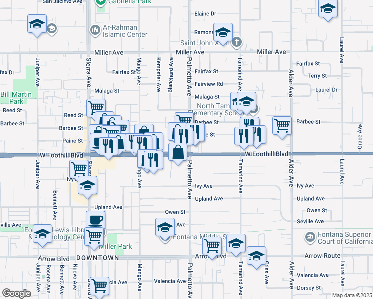map of restaurants, bars, coffee shops, grocery stores, and more near 17284 Foothill Boulevard in Fontana