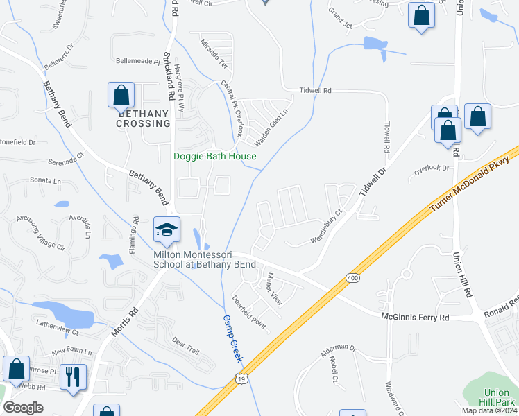 map of restaurants, bars, coffee shops, grocery stores, and more near 1365 Thornborough Drive in Alpharetta