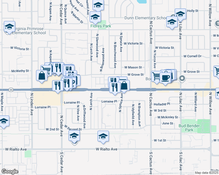 map of restaurants, bars, coffee shops, grocery stores, and more near 975 West Clover Avenue in Rialto