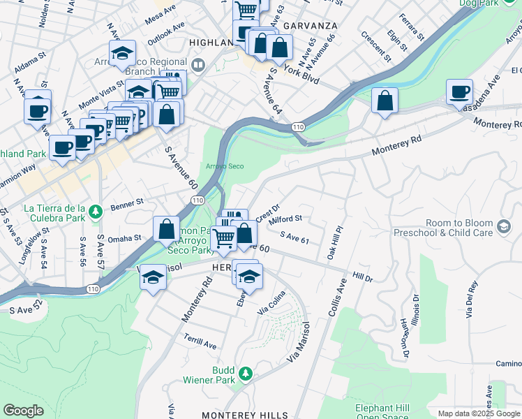 map of restaurants, bars, coffee shops, grocery stores, and more near 6140 Monterey Road in Los Angeles