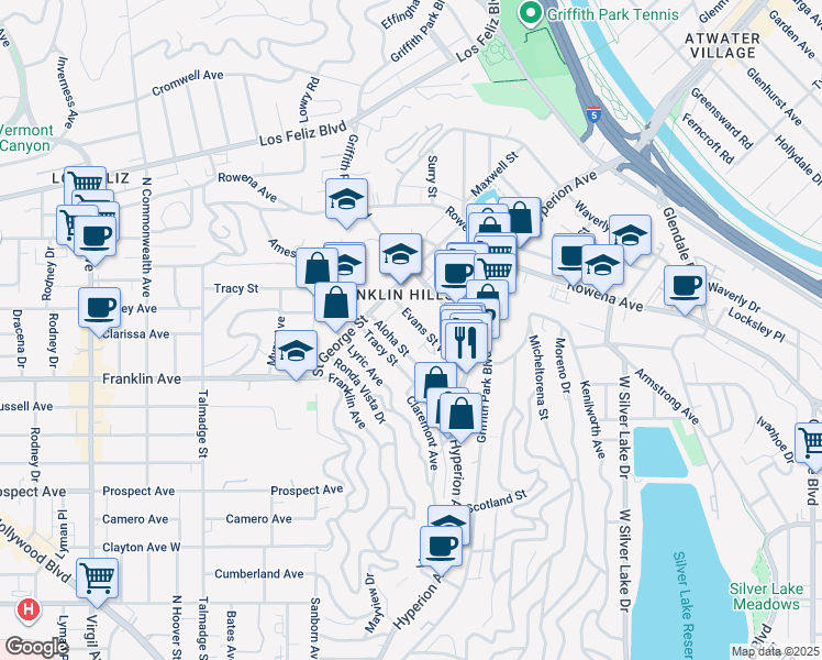 map of restaurants, bars, coffee shops, grocery stores, and more near 3822 Evans Street West in Los Angeles