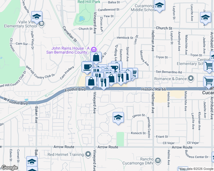map of restaurants, bars, coffee shops, grocery stores, and more near 9008 Foothill Blvd in Rancho Cucamonga