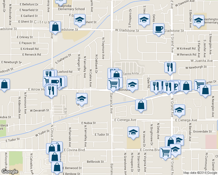 map of restaurants, bars, coffee shops, grocery stores, and more near 1007 Arrow Highway in Glendora