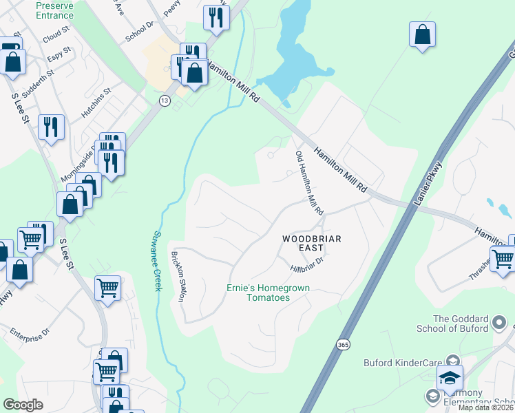 map of restaurants, bars, coffee shops, grocery stores, and more near 4385 Signal Ridge Court in Buford