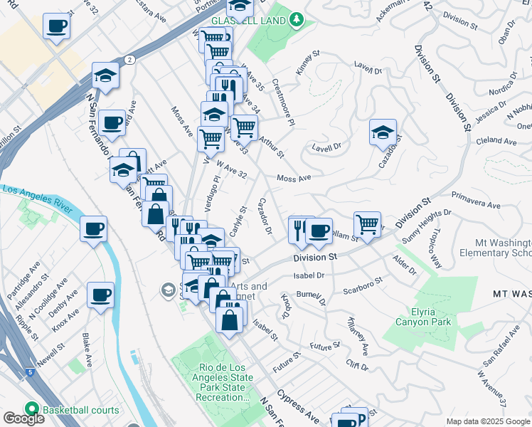 map of restaurants, bars, coffee shops, grocery stores, and more near 2251 Cazador Drive in Los Angeles