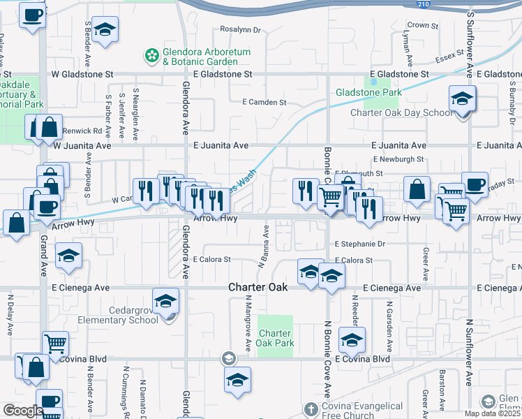 map of restaurants, bars, coffee shops, grocery stores, and more near 299 East Arrow Highway in Glendora