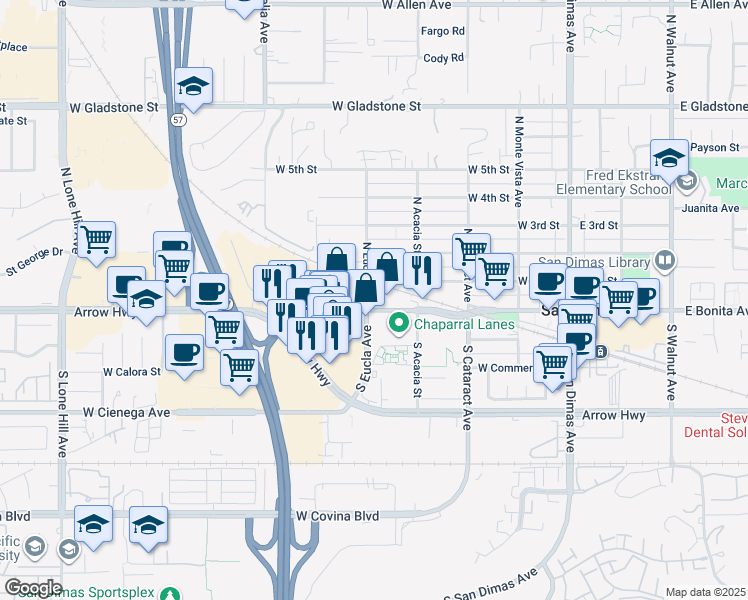 map of restaurants, bars, coffee shops, grocery stores, and more near 501 West Bonita Avenue in San Dimas