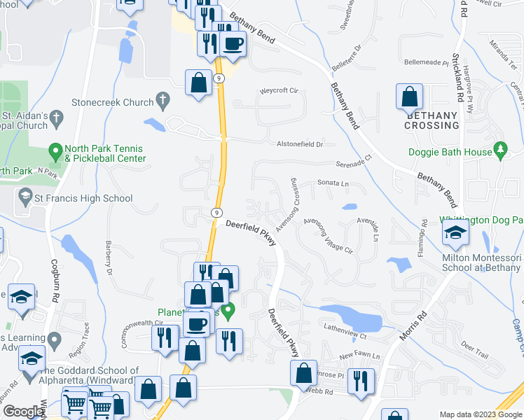 map of restaurants, bars, coffee shops, grocery stores, and more near 322 Harmony Court in Alpharetta