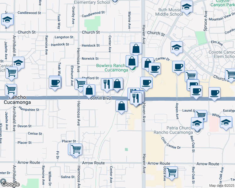 map of restaurants, bars, coffee shops, grocery stores, and more near 10340 Foothill Boulevard in Rancho Cucamonga