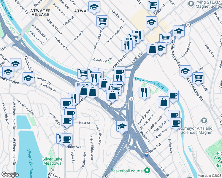 map of restaurants, bars, coffee shops, grocery stores, and more near 2333 Ripple Street in Los Angeles