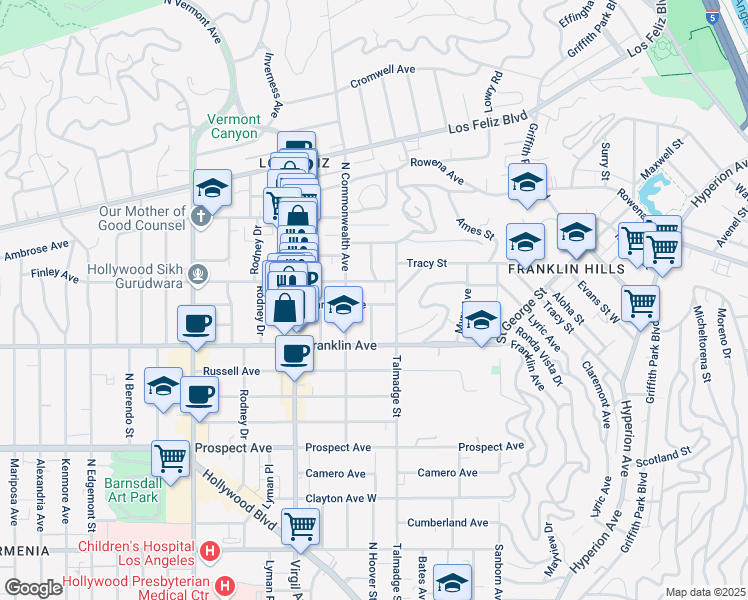map of restaurants, bars, coffee shops, grocery stores, and more near 4325 Clarissa Avenue in Los Angeles