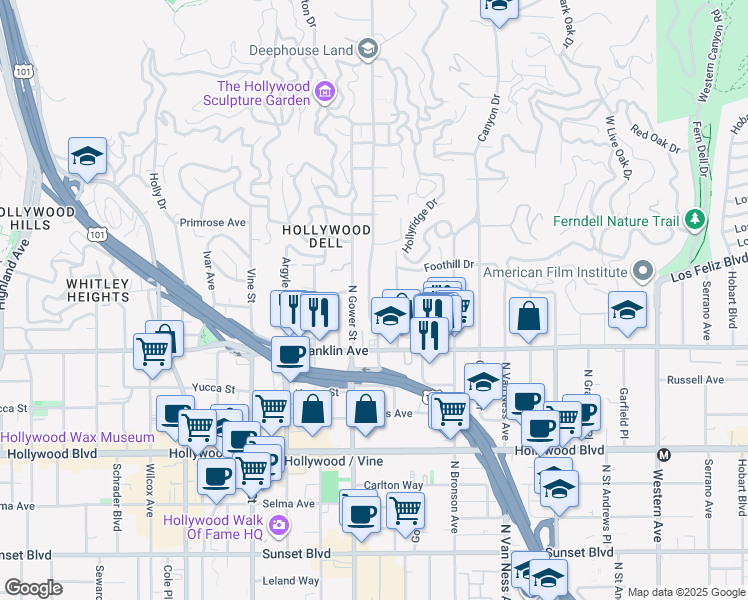 map of restaurants, bars, coffee shops, grocery stores, and more near 1962 Beachwood Drive in Los Angeles