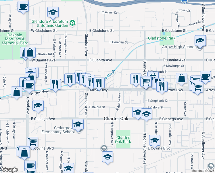 map of restaurants, bars, coffee shops, grocery stores, and more near in Glendora