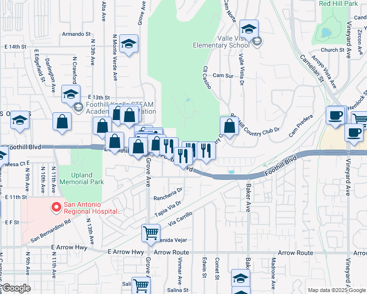 map of restaurants, bars, coffee shops, grocery stores, and more near 8238 Red Hill Country Club Drive in Rancho Cucamonga
