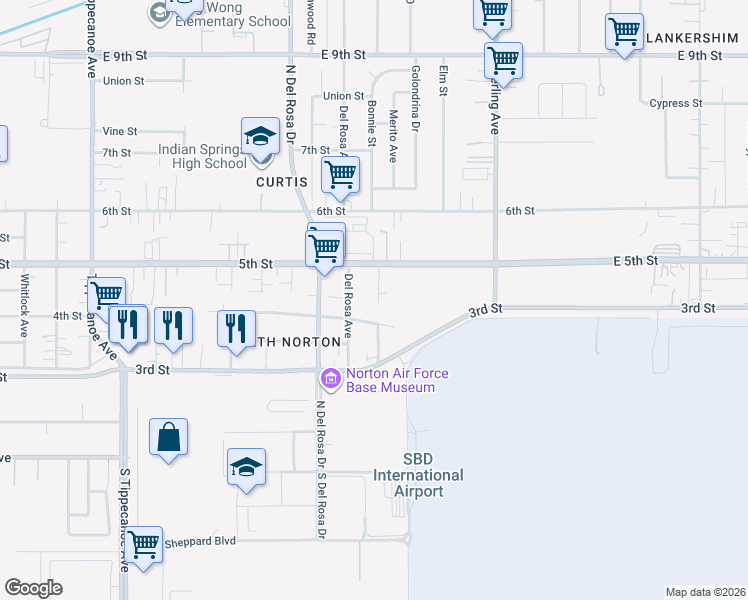 map of restaurants, bars, coffee shops, grocery stores, and more near 8070 Shirley Avenue in San Bernardino
