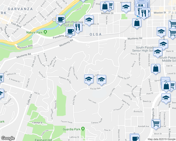 map of restaurants, bars, coffee shops, grocery stores, and more near 1478 Indiana Avenue in South Pasadena