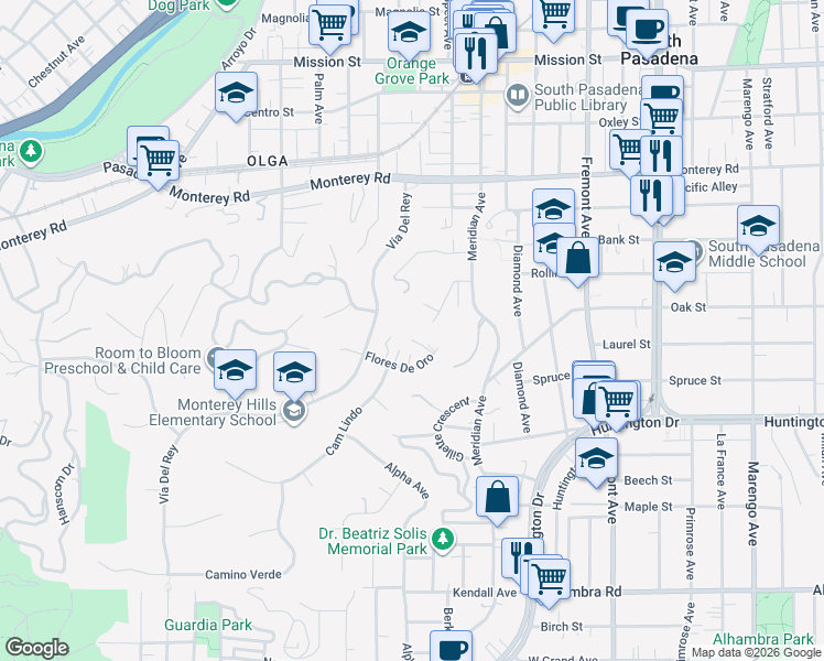 map of restaurants, bars, coffee shops, grocery stores, and more near 872 Flores De Oro in South Pasadena