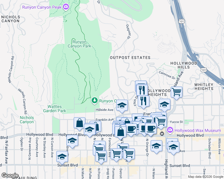 map of restaurants, bars, coffee shops, grocery stores, and more near 2000 3/4 La Brea Terrace in Los Angeles