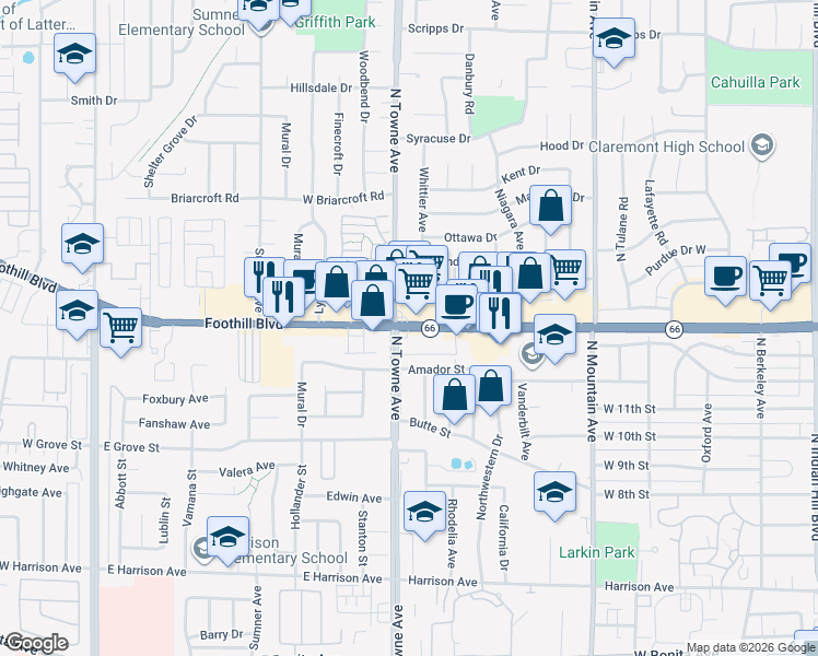 map of restaurants, bars, coffee shops, grocery stores, and more near 1080 Foothill Boulevard in Claremont