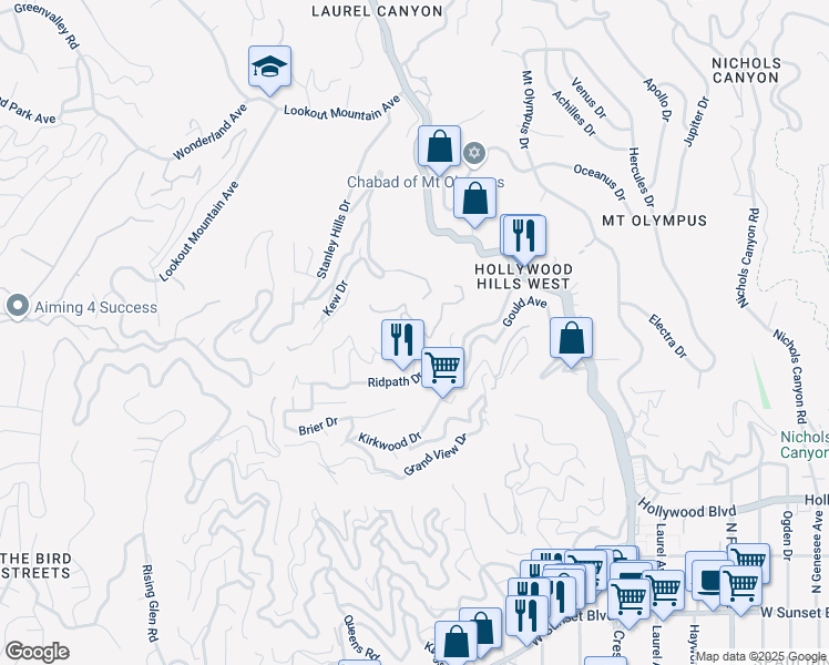 map of restaurants, bars, coffee shops, grocery stores, and more near 1930 Weepah Way in Los Angeles