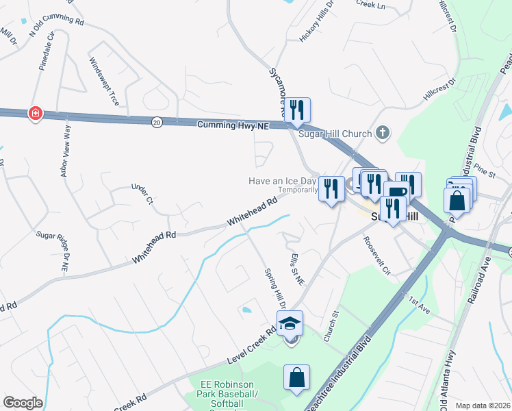 map of restaurants, bars, coffee shops, grocery stores, and more near 1030 Whitehead Road in Sugar Hill