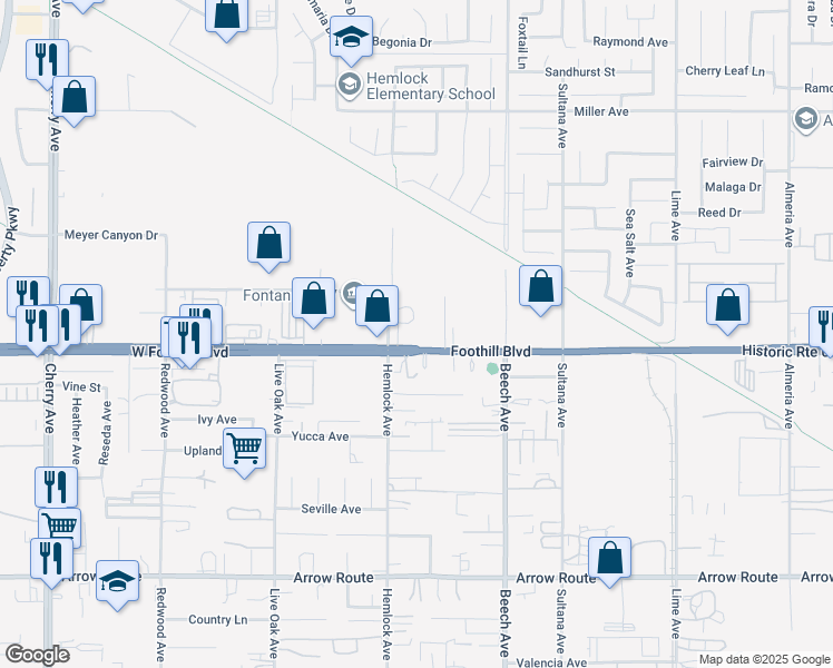 map of restaurants, bars, coffee shops, grocery stores, and more near 15144 Foothill Boulevard in Fontana