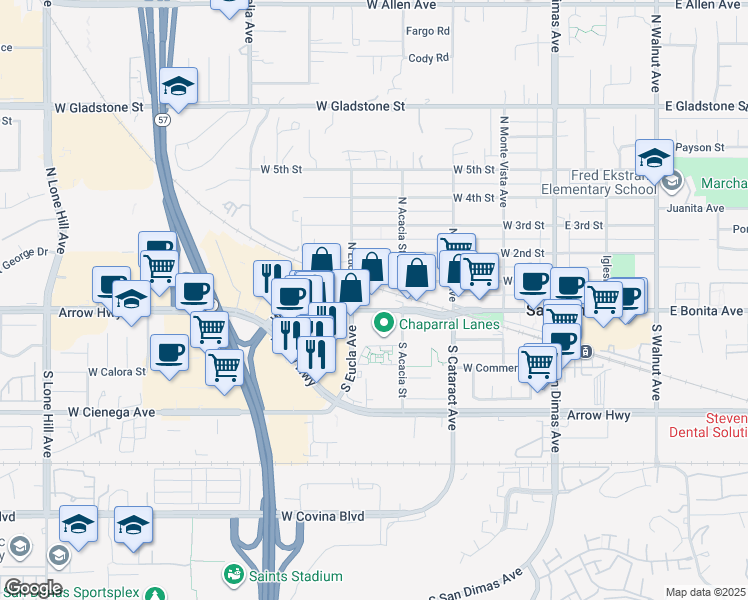 map of restaurants, bars, coffee shops, grocery stores, and more near 425 West Bonita Avenue in San Dimas