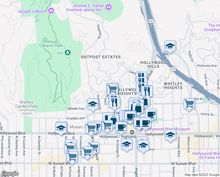 map of restaurants, bars, coffee shops, grocery stores, and more near 2015 North Sycamore Avenue in Los Angeles