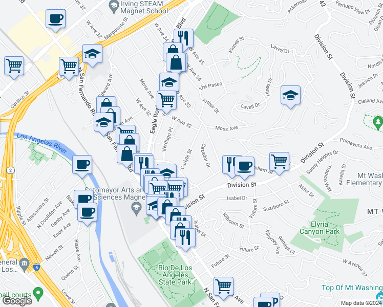 map of restaurants, bars, coffee shops, grocery stores, and more near 3144 Carlyle Street in Los Angeles