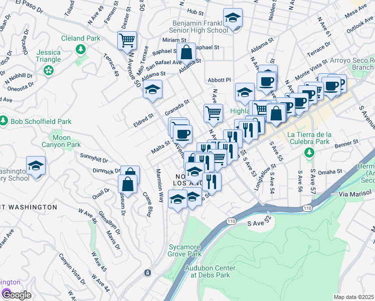 map of restaurants, bars, coffee shops, grocery stores, and more near 5012 Monte Vista Street in Los Angeles