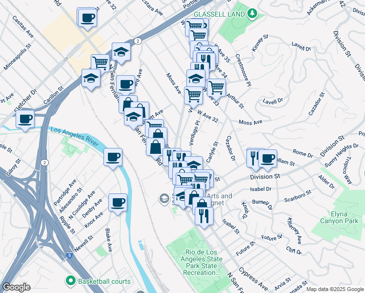 map of restaurants, bars, coffee shops, grocery stores, and more near 3110 Verdugo Road in Los Angeles