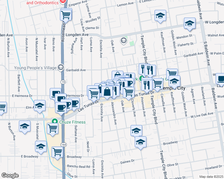 map of restaurants, bars, coffee shops, grocery stores, and more near 5934 Alessandro Avenue in Temple City
