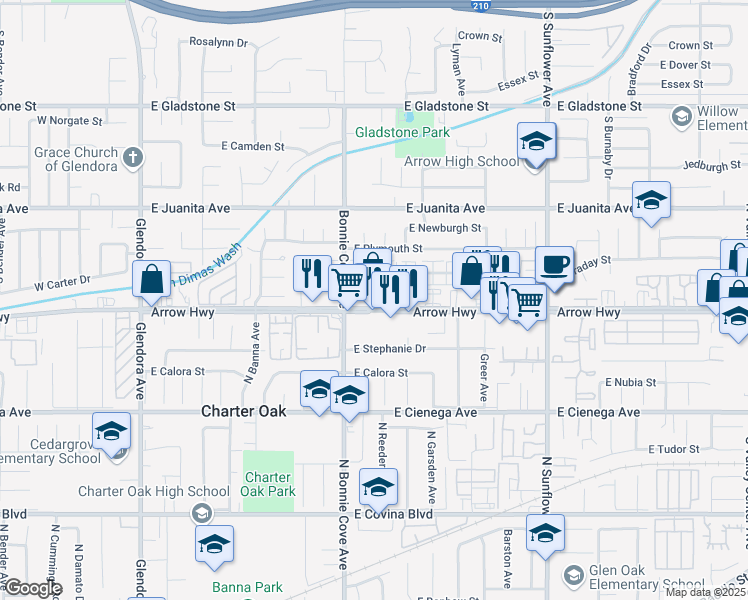 map of restaurants, bars, coffee shops, grocery stores, and more near 531 East Arrow Highway in Glendora