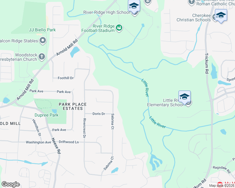 map of restaurants, bars, coffee shops, grocery stores, and more near 225 Sabrina Court in Woodstock