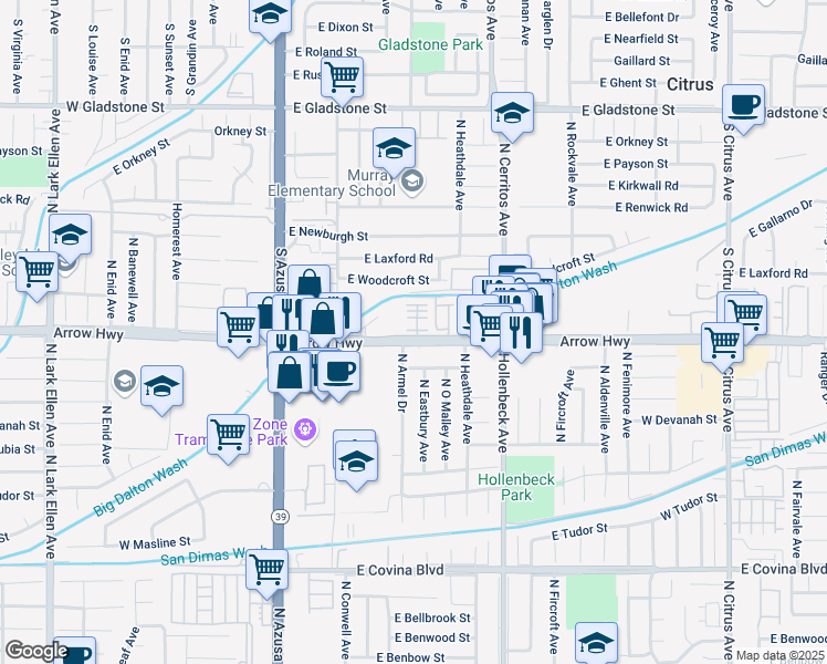 map of restaurants, bars, coffee shops, grocery stores, and more near 475 Andrew Drive in Azusa