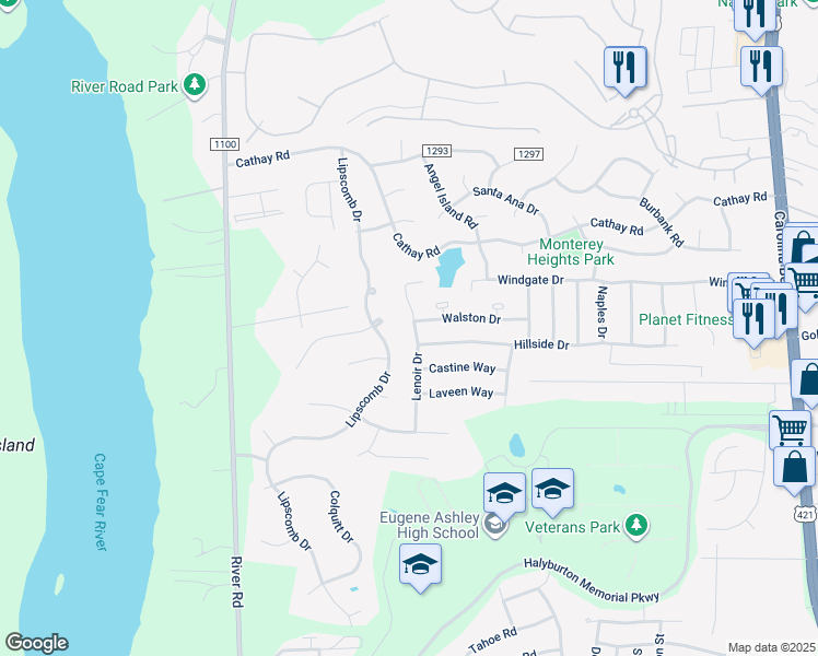 map of restaurants, bars, coffee shops, grocery stores, and more near 6360 Lenoir Drive in Wilmington