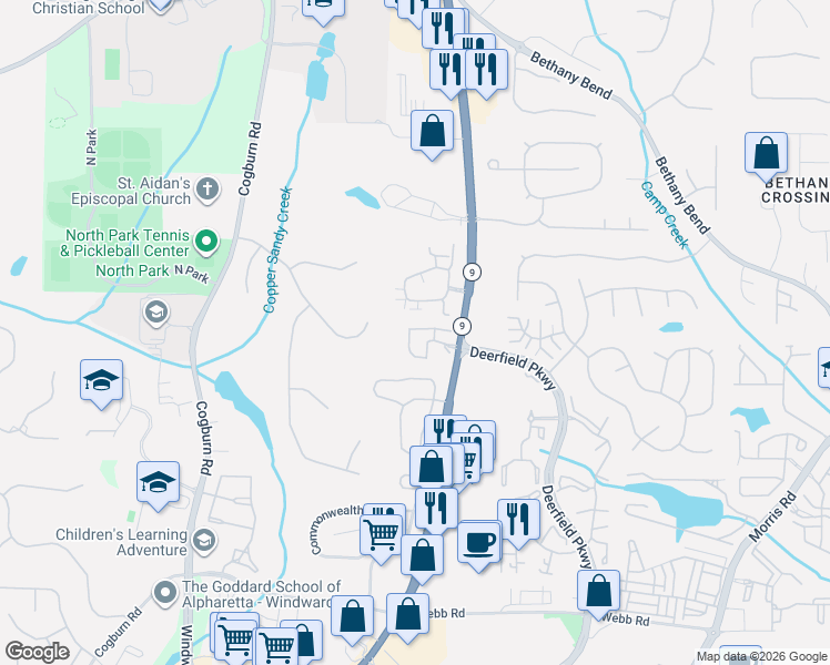 map of restaurants, bars, coffee shops, grocery stores, and more near 13472 Gardiner Lane in Alpharetta