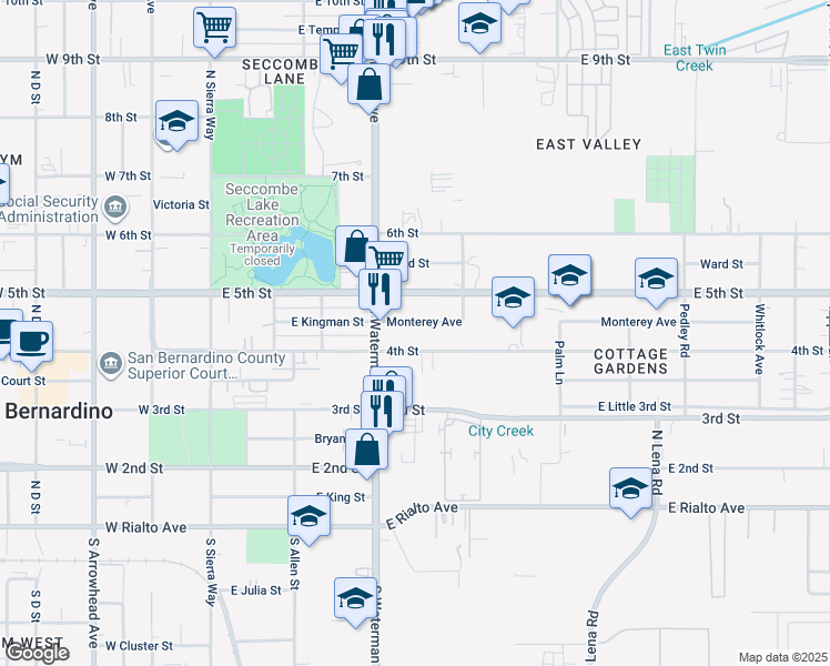 map of restaurants, bars, coffee shops, grocery stores, and more near 24195 Monterey Avenue in San Bernardino