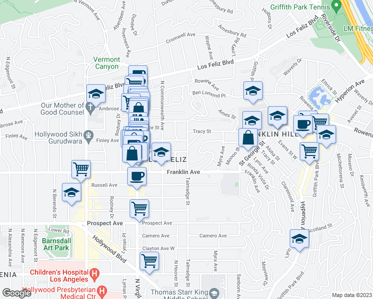 map of restaurants, bars, coffee shops, grocery stores, and more near 1953 Talmadge Street in Los Angeles