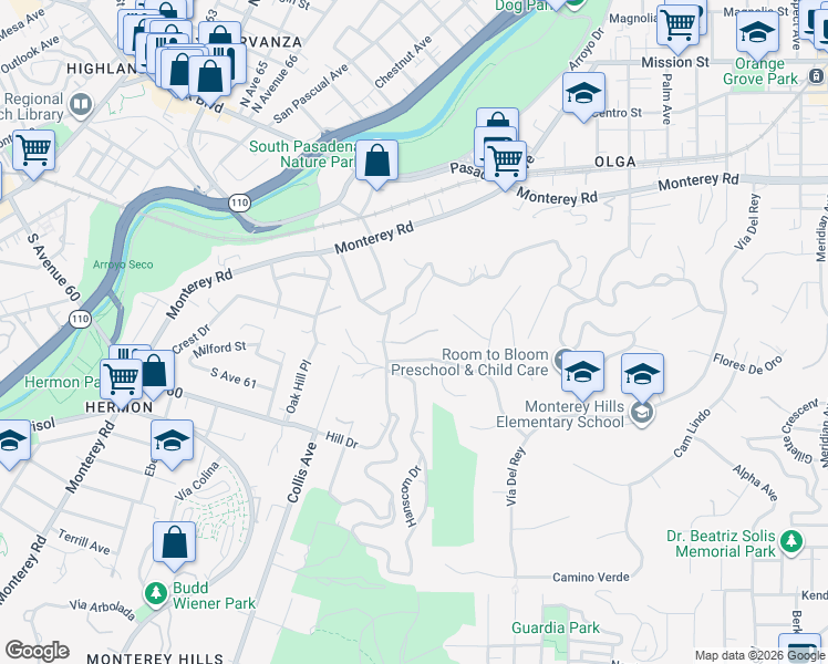 map of restaurants, bars, coffee shops, grocery stores, and more near 226 Warwick Avenue in South Pasadena