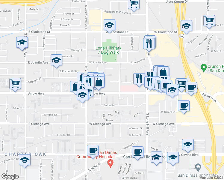 map of restaurants, bars, coffee shops, grocery stores, and more near 1319 West Arrow Highway in San Dimas