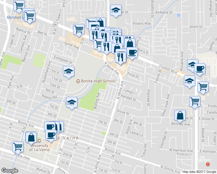 map of restaurants, bars, coffee shops, grocery stores, and more near 3078 Winfield Avenue in La Verne