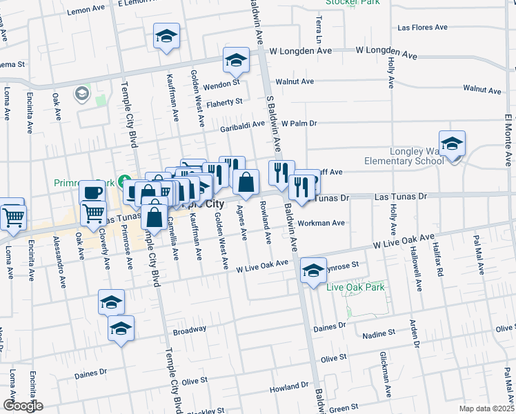 map of restaurants, bars, coffee shops, grocery stores, and more near 5838 Agnes Avenue in Temple City