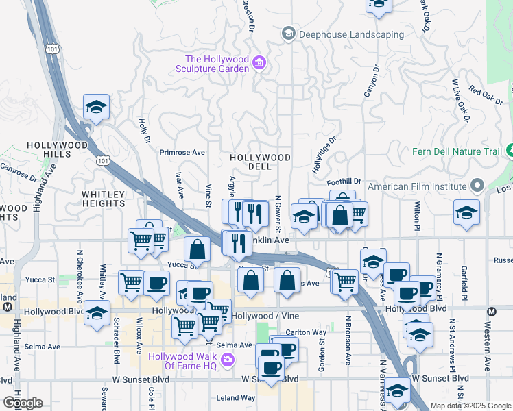 map of restaurants, bars, coffee shops, grocery stores, and more near 1960 Vista Del Mar Avenue in Los Angeles