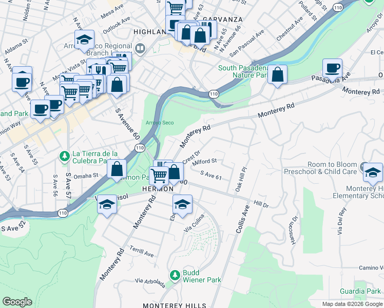 map of restaurants, bars, coffee shops, grocery stores, and more near 6141 Pine Crest Drive in Los Angeles