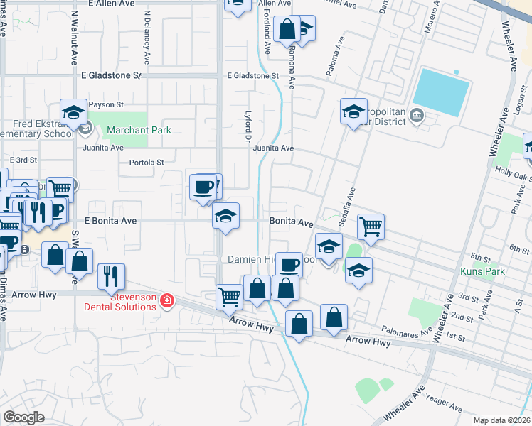 map of restaurants, bars, coffee shops, grocery stores, and more near 2400 North San Dimas Canyon Road in San Dimas
